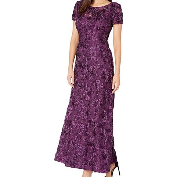 Alex Evenings Eggplant Purple Sequin Rosette Evening Gown - Picture 1 of 4